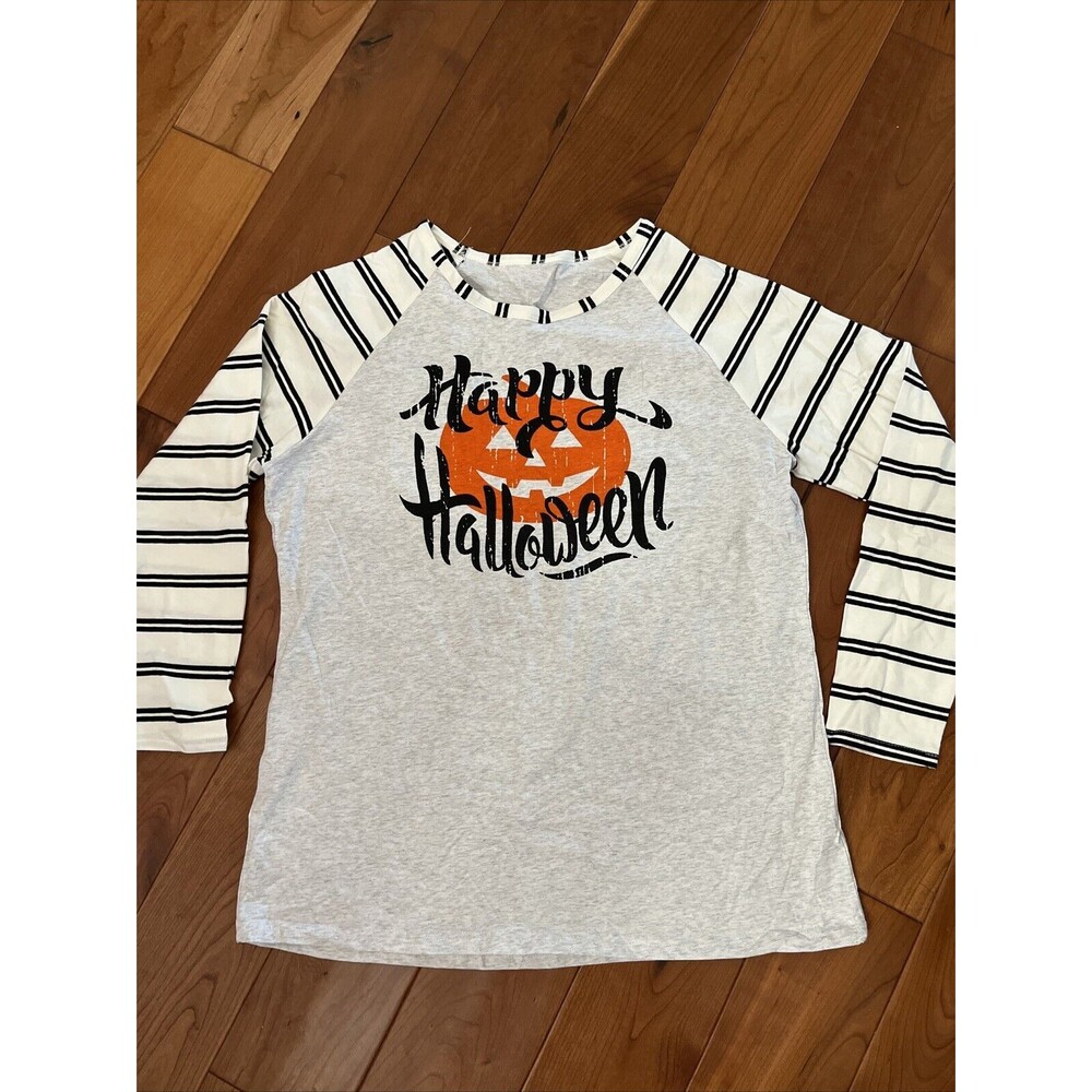 Happy Halloween  Long Sleeve T Shirt Striped Sleeves Size XL